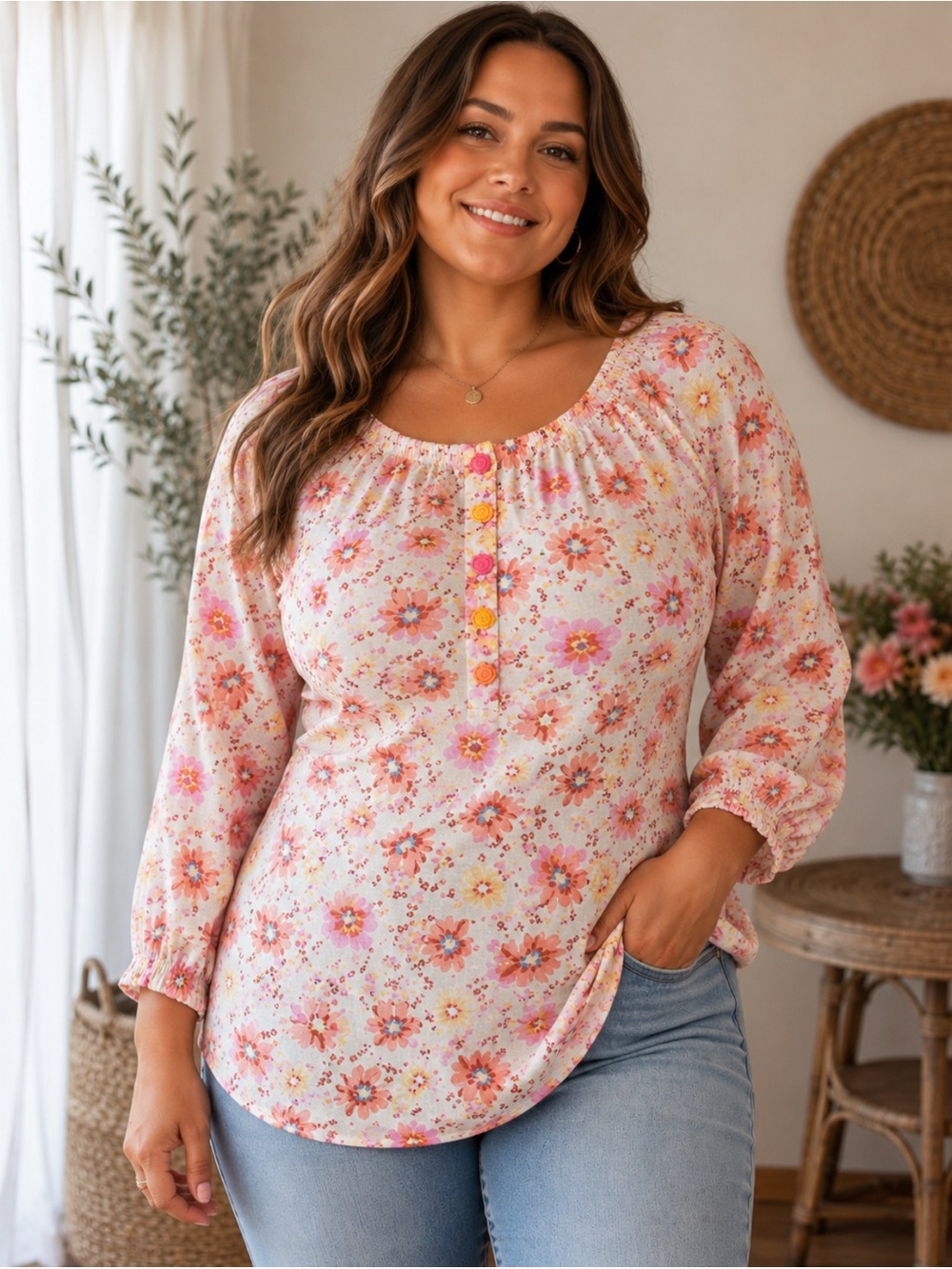 Style & Co. Smiley Floral Peasant Blouse Size-Large Whimsical Cottagecore
